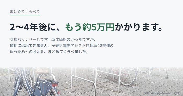 「子乗せ電動アシスト自転車」の紹介画像。2〜4年後に、もう約5万円かかります。下に駐輪ラックの写真